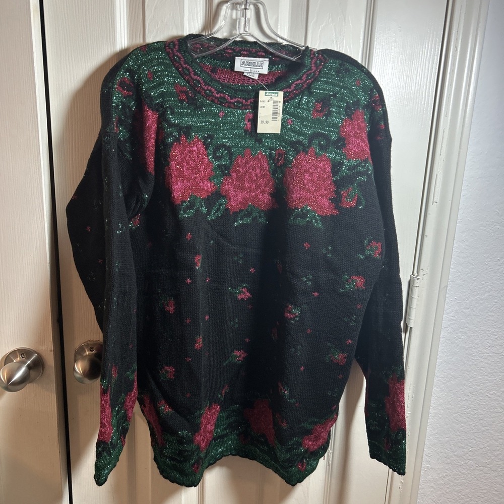 Vintage NWT 80s 90s Arielle Sweater Womens L Black Green‎ Red Metallic Roses